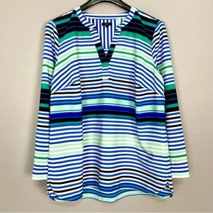 Talbots Nautical Stripe Popover Blouse Women’s Size 1X Roll Tab Sleeves Colorful